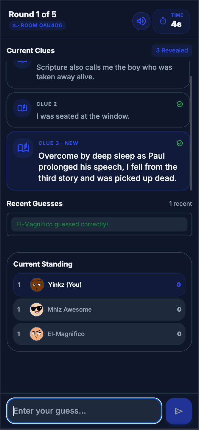 Who Am I? gameplay screen with Bible character clues