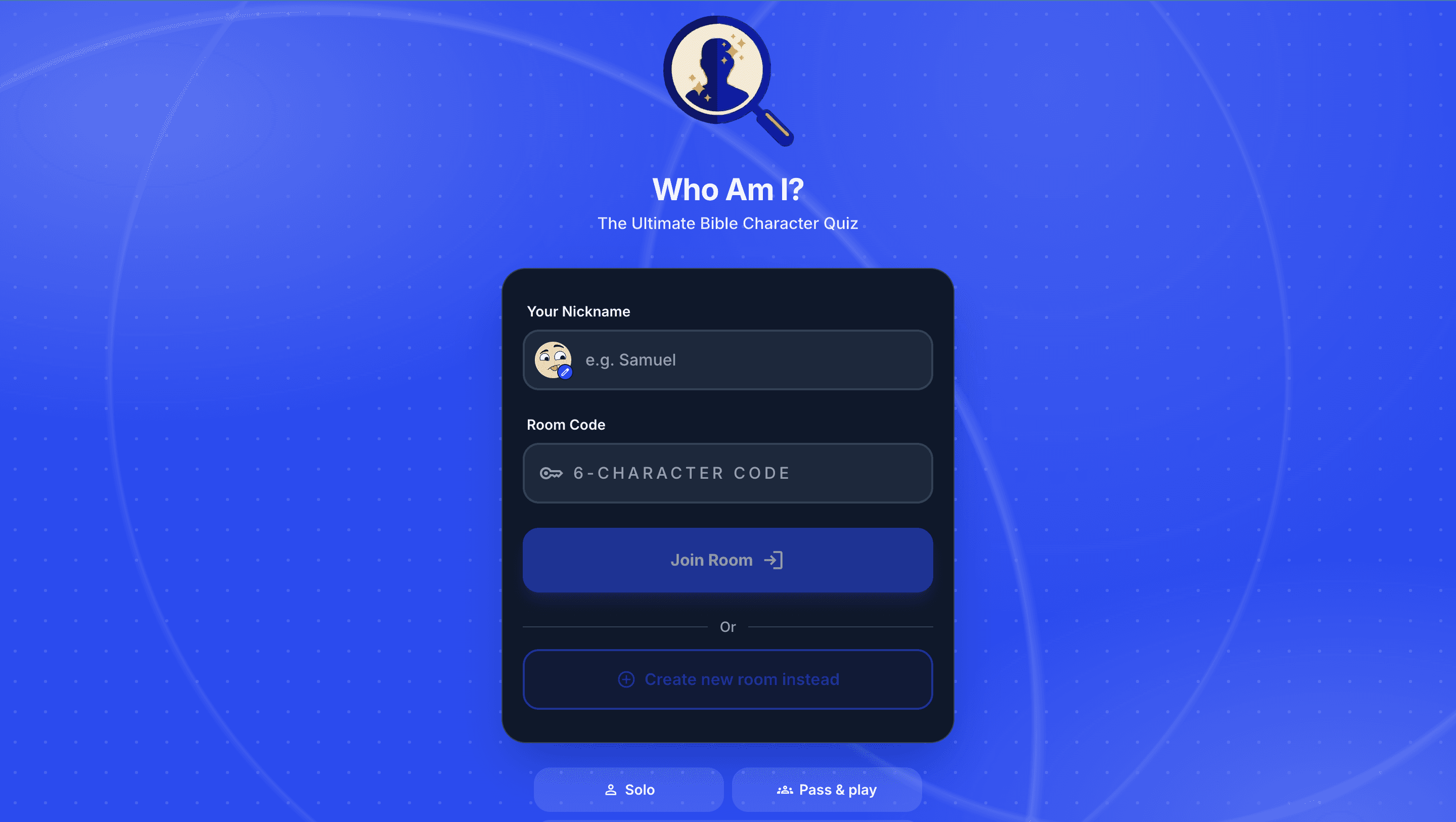 Who Am I? Bible trivia game home screen