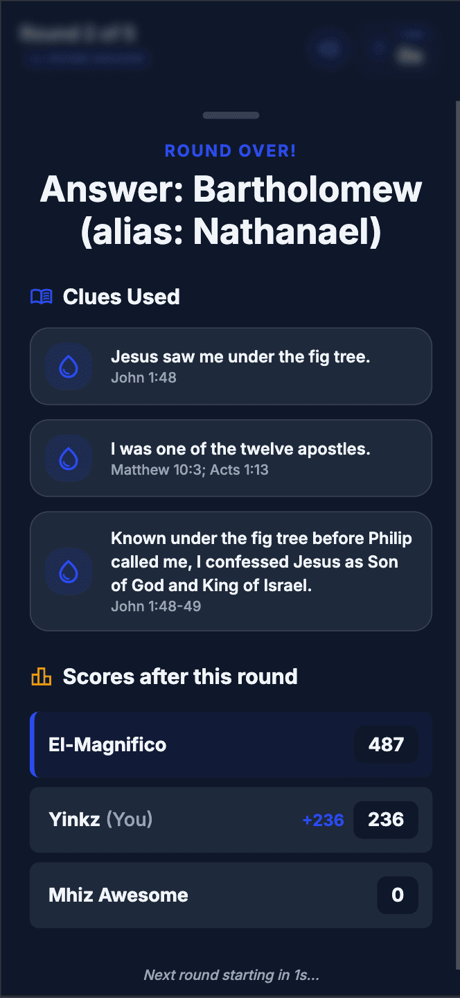 Who Am I? round results screen