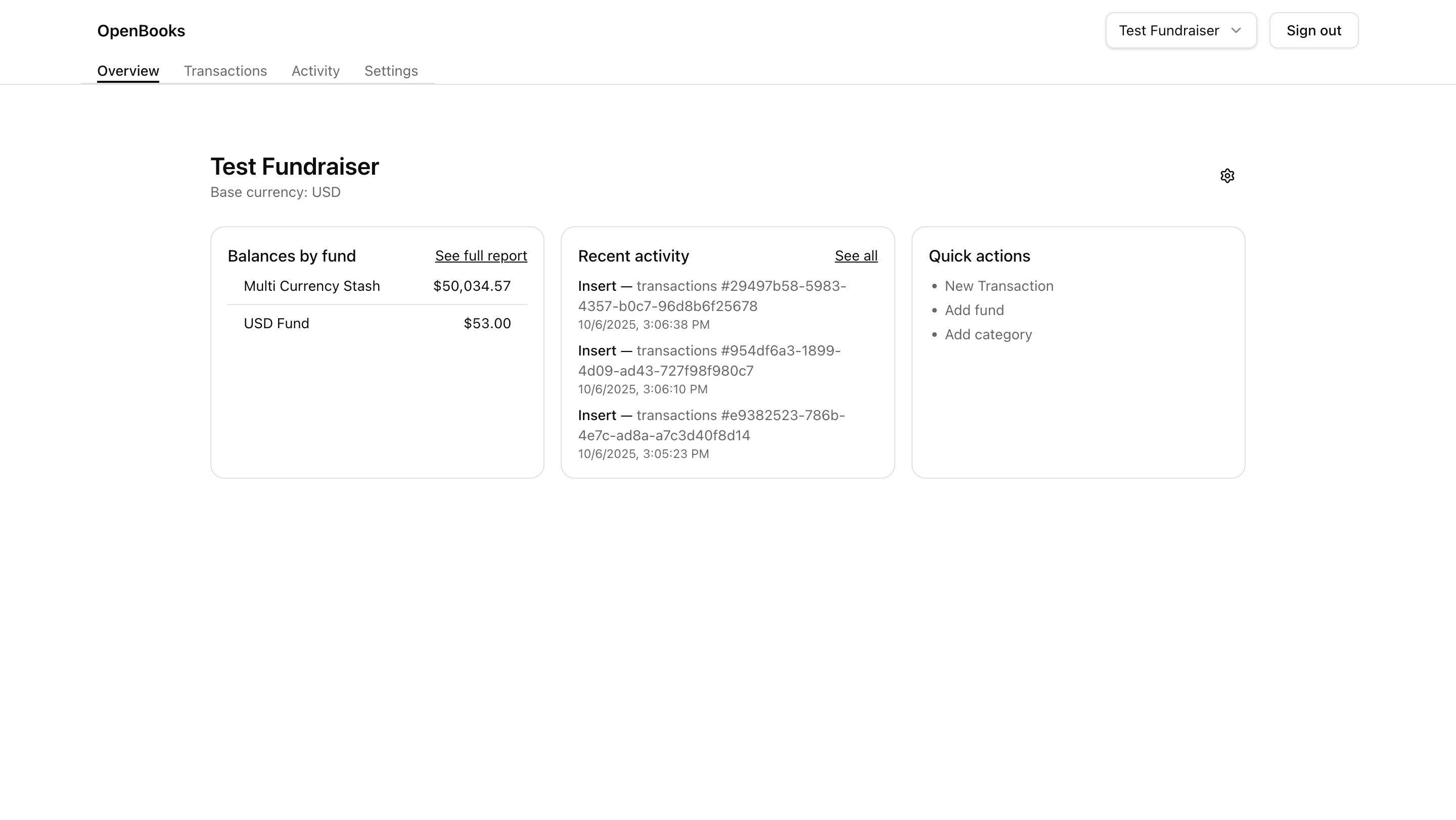 Organization dashboard — balances and quick stats