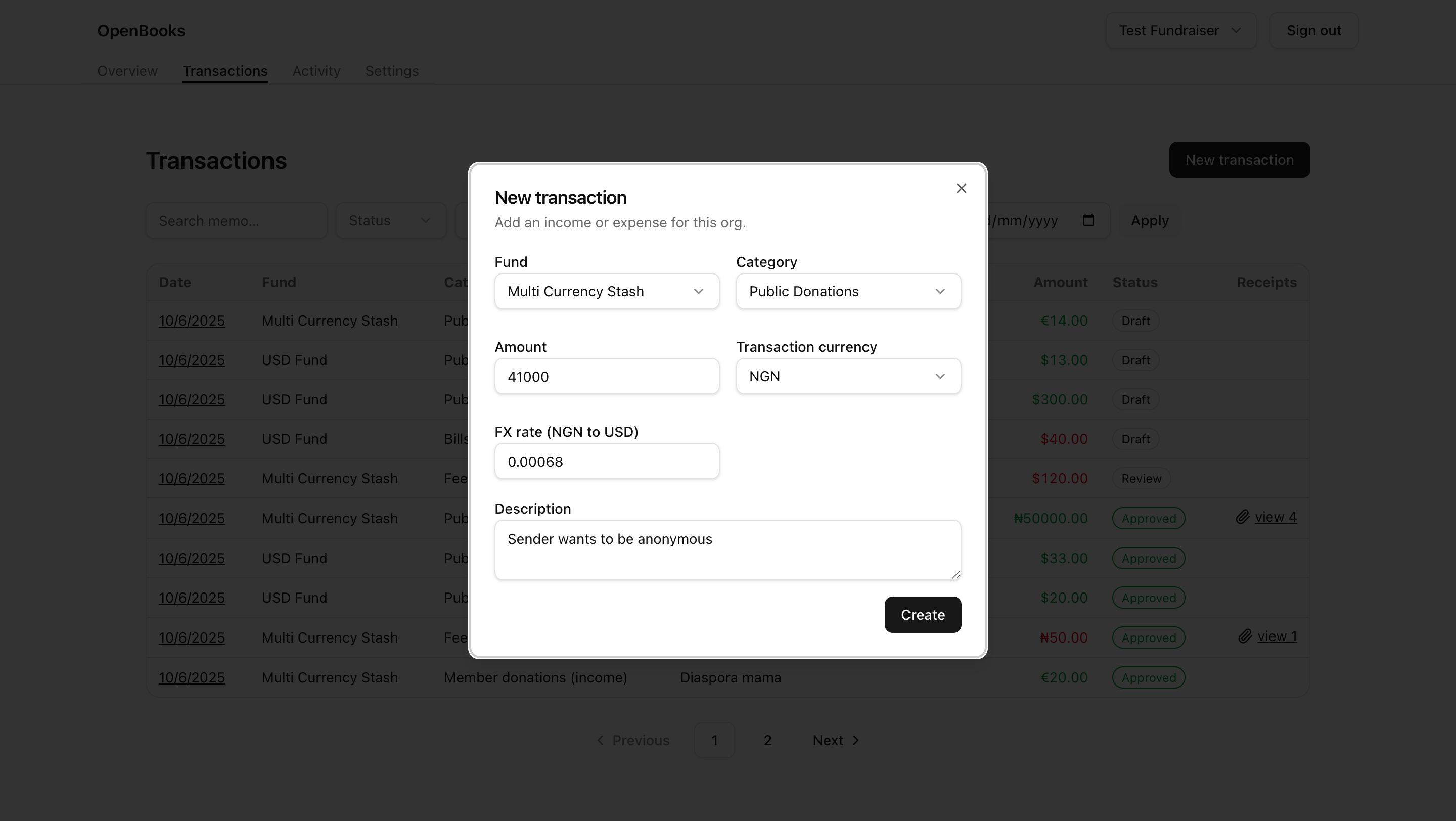 New transaction form