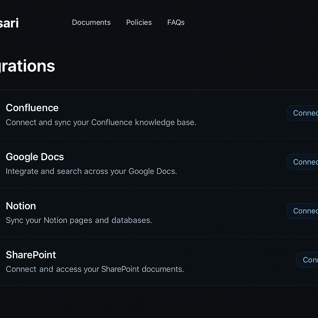 Integrations settings page with connected sources
